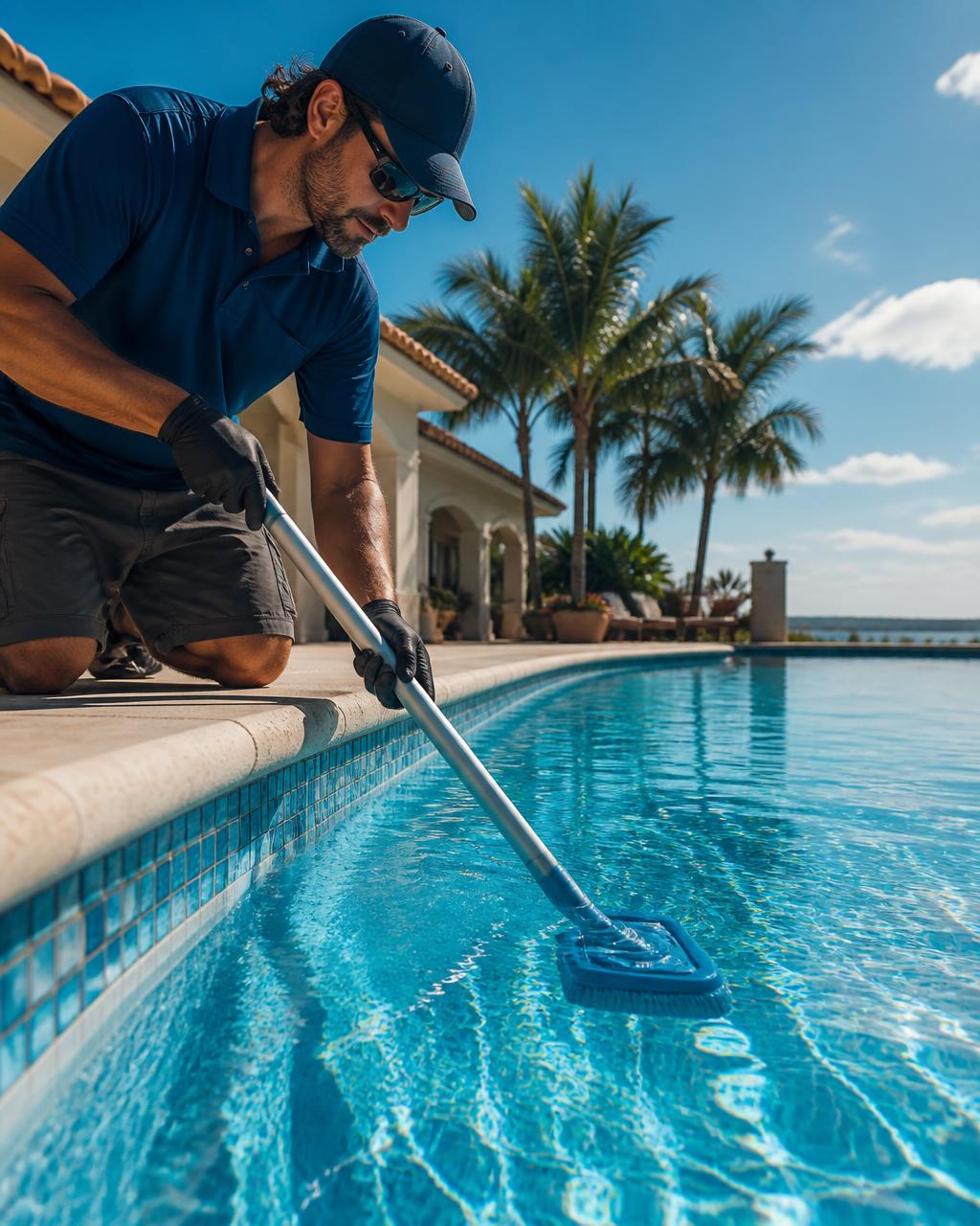 Pool technician brushing and vacuuming the tiled edge of a luxury residential swimming pool with a long-handled pool brush