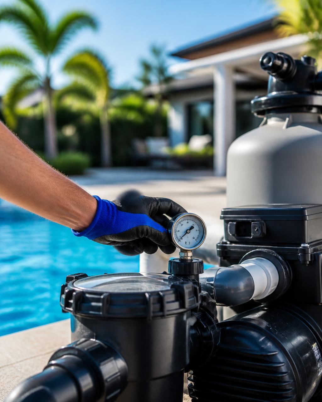 Gloved pool technician hand adjusting the pressure gauge on a licensed and insured residential pool filter pump pad in a sunny Florida backyard