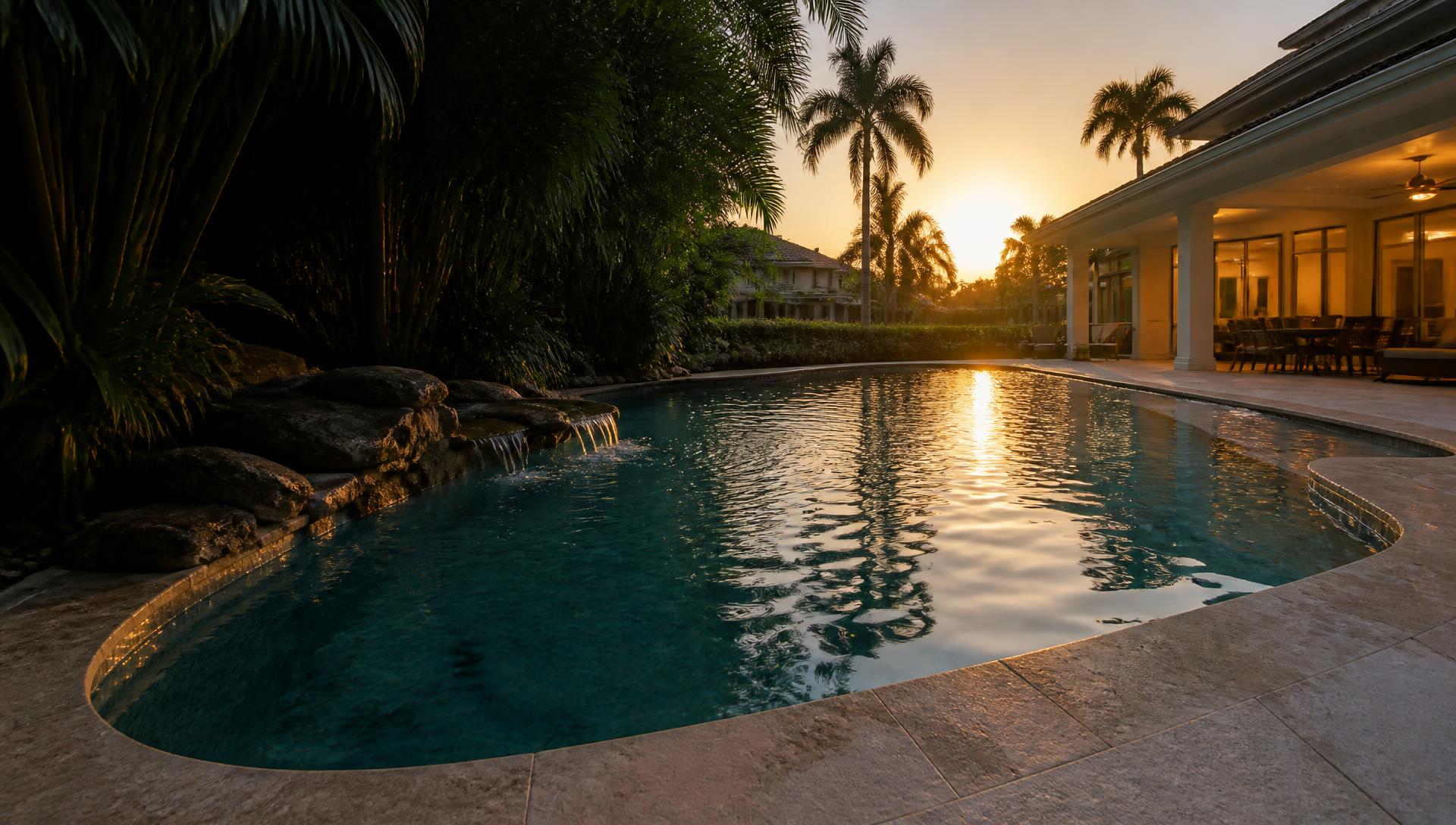 Residential swimming pool at sunset in Naples, Florida, with a rock waterfall in shade and golden light reflecting across the water