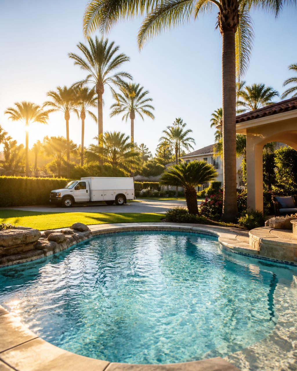 Sparkling residential swimming pool at sunrise with palm trees and a white pool service truck parked in the driveway for on-time weekly routes