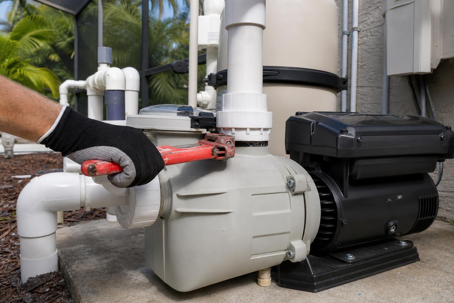Pool pump repair technician tightening a pool pump union fitting with a pipe wrench at a residential equipment pad in Bonita Springs, FL