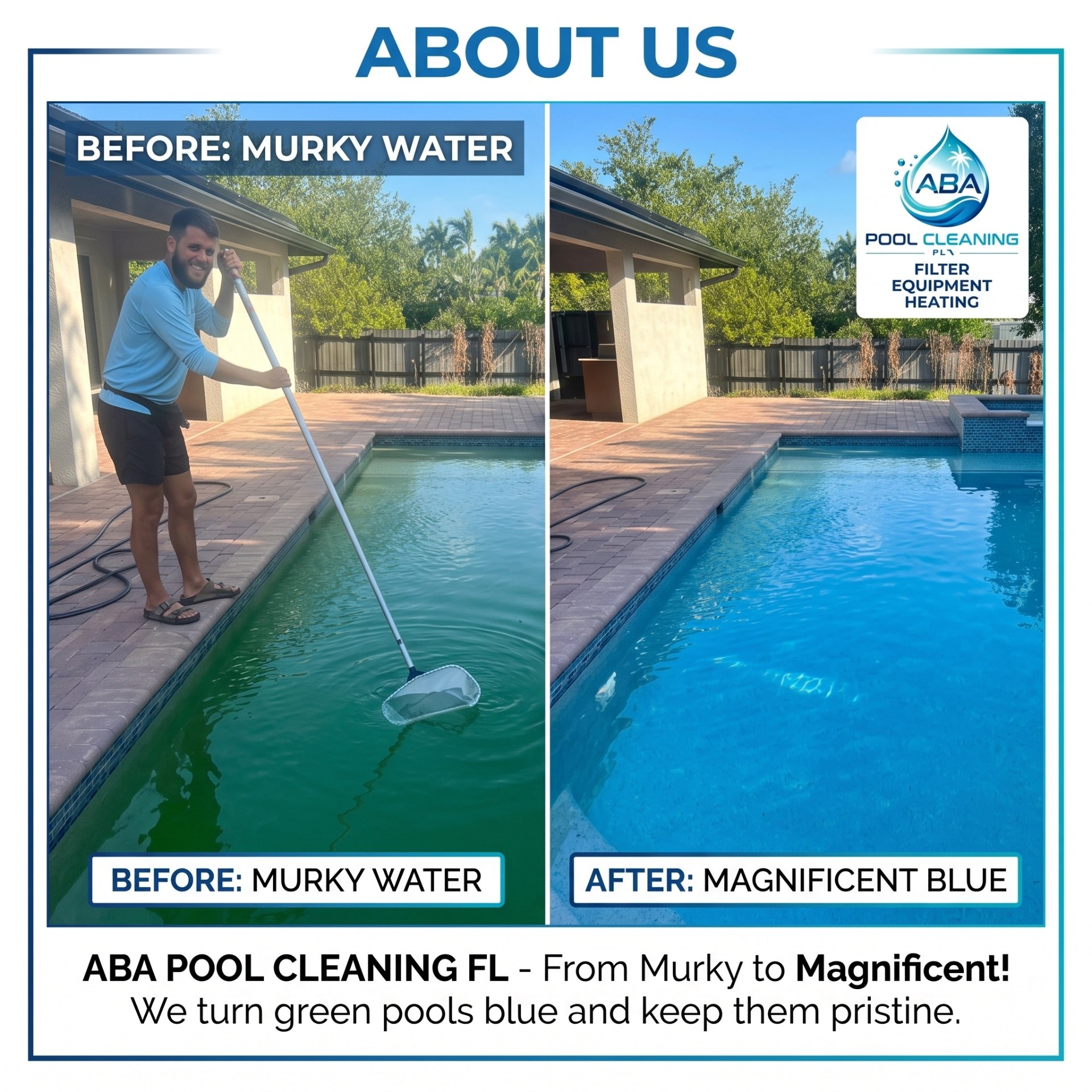 Before and after of a Bonita Springs backyard pool cleaned by ABA Pool Cleaning — murky green water restored to clear blue water