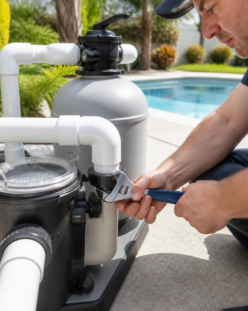 Close-up of a technician using an adjustable wrench to service a pool filter pump union fitting in a sunny backyard