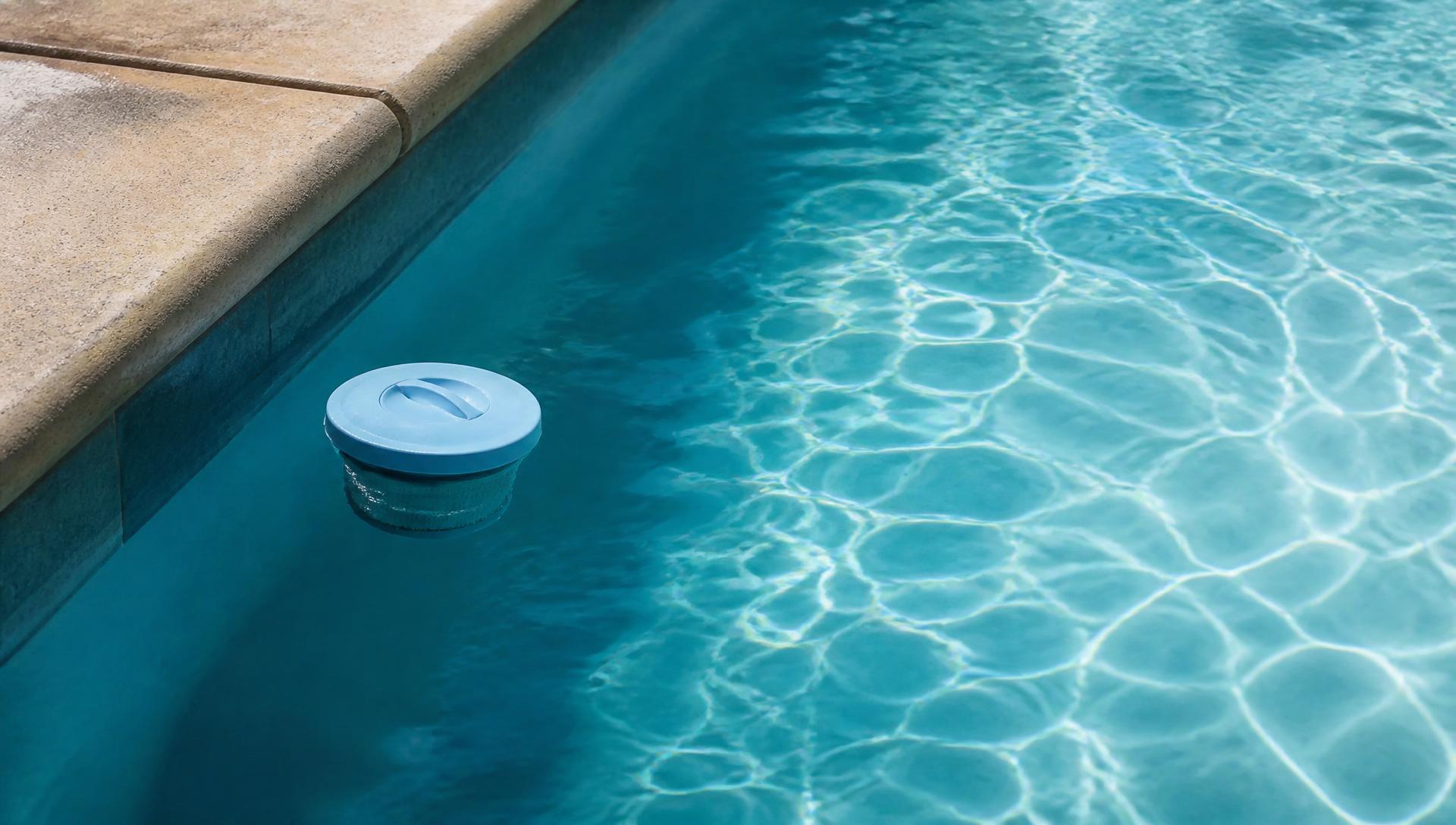 Floating pool chlorine dispenser drifting on calm turquoise water with sunlight caustics beside travertine pool coping