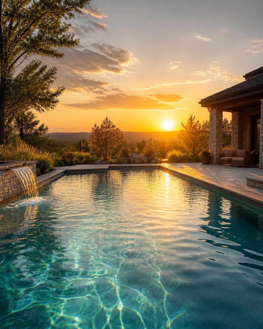 Sparkling turquoise backyard swimming pool at sunset with golden light rippling across freshly cleaned water
