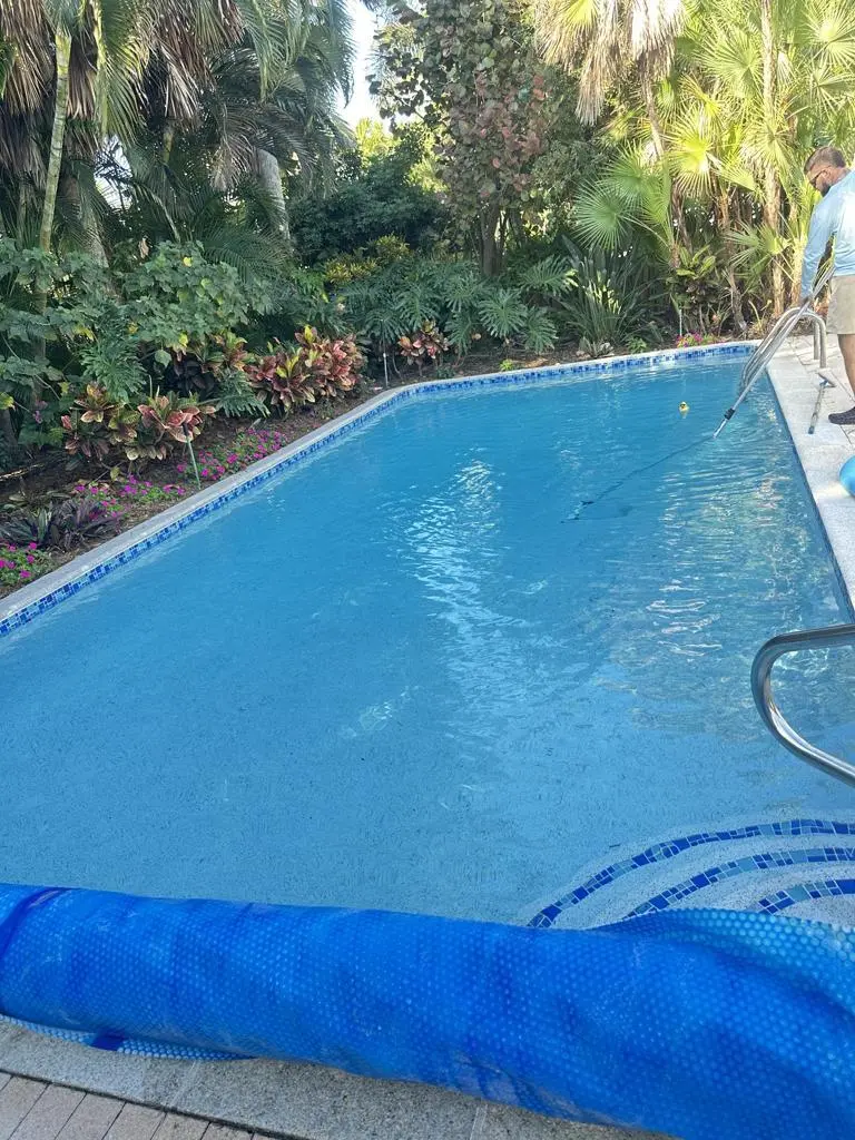 Backyard pool with a blue solar cover rolled onto the deck in Bonita Springs, FL