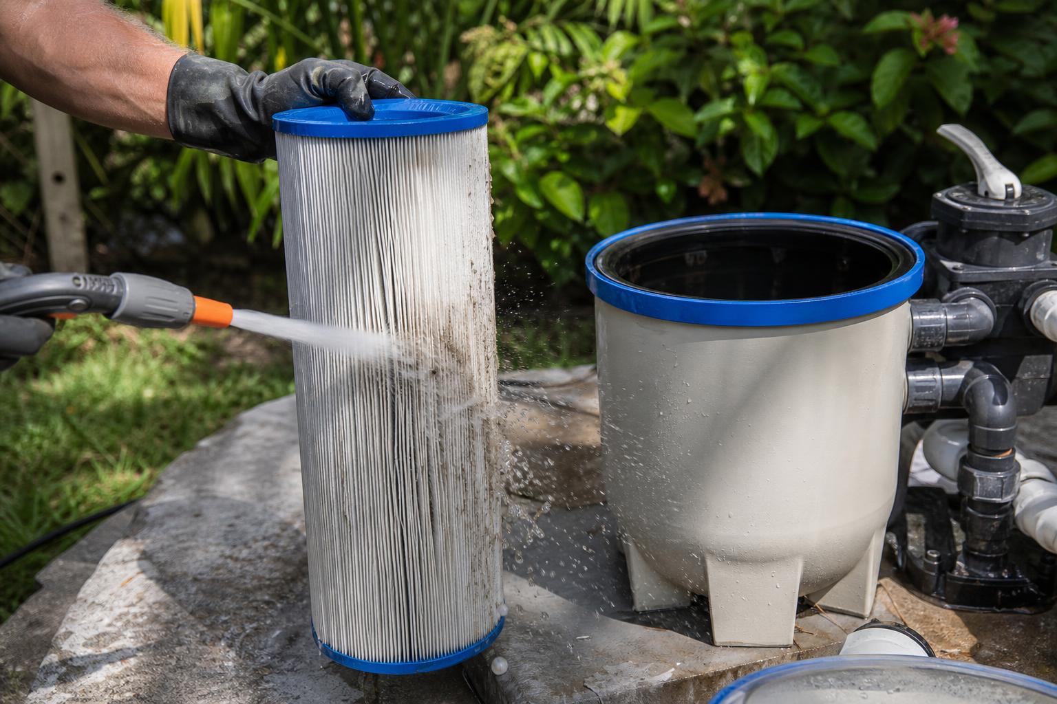Pleated pool cartridge filter being rinsed clean with a hose nozzle beside an open filter housing at a Naples, FL pool equipment pad