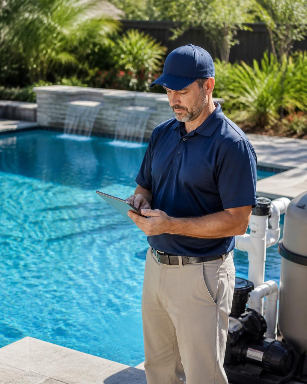 Pool technician with a tablet inspecting pool equipment and water quality beside a clear blue backyard swimming pool