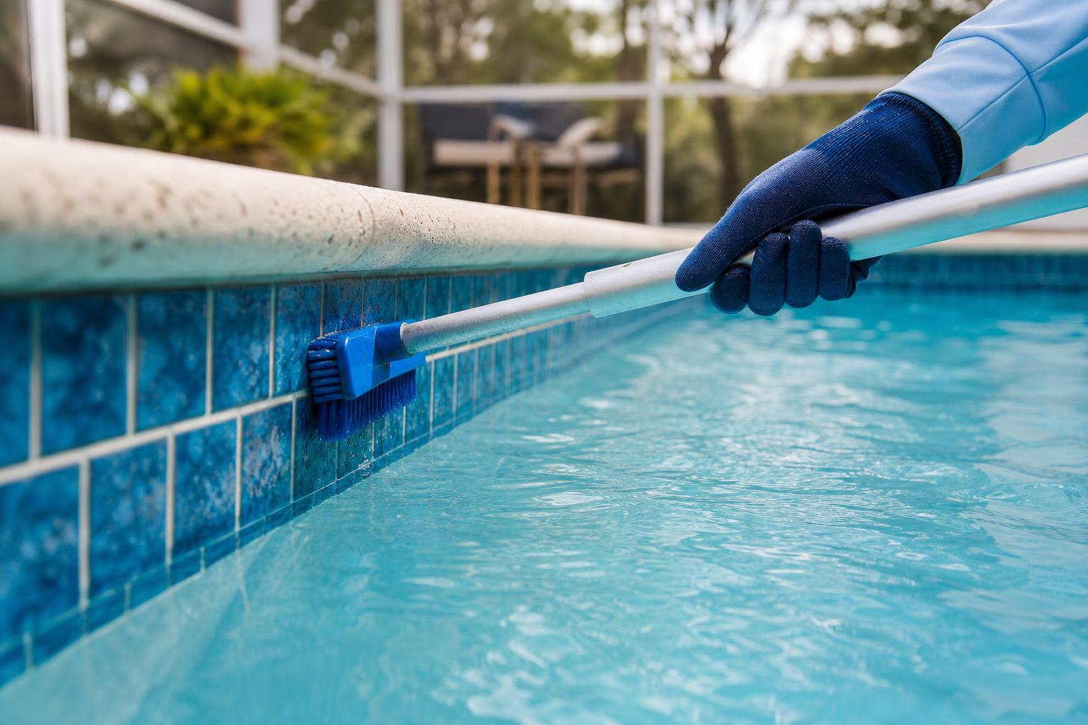 Pool technician brushing blue waterline tiles with a nylon pool tile brush on a telescopic pole during weekly pool cleaning in Naples, FL