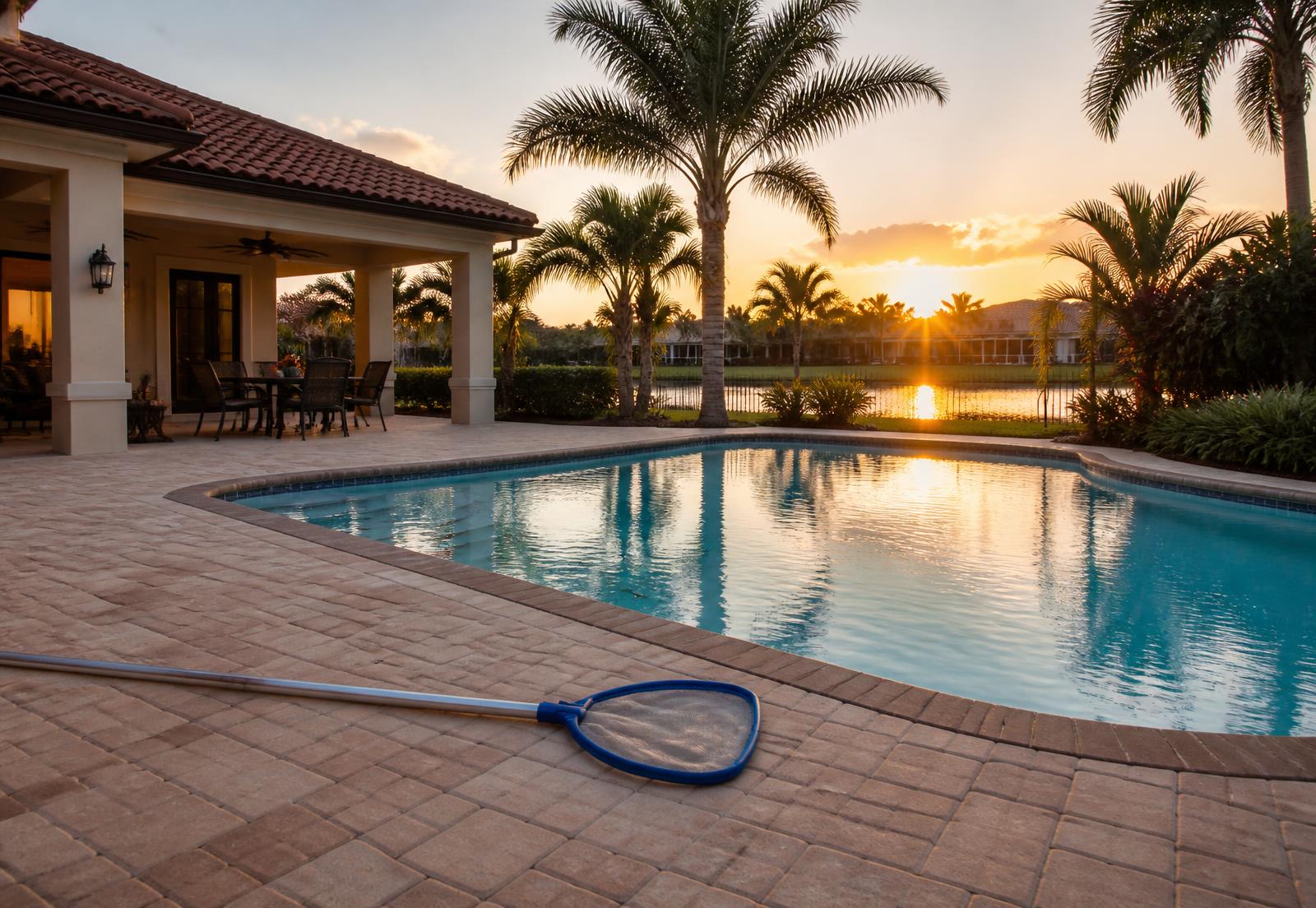 Southwest Florida backyard pool at sunset with palm trees and a skimmer net on the paver deck