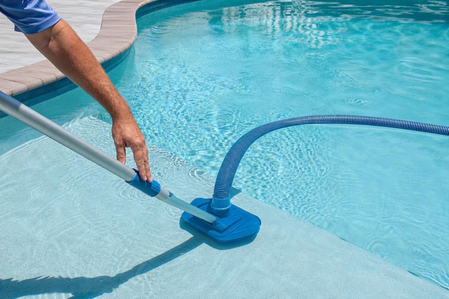 Manual pool vacuum head and hose being guided across the floor of a clear residential swimming pool in Southwest Florida